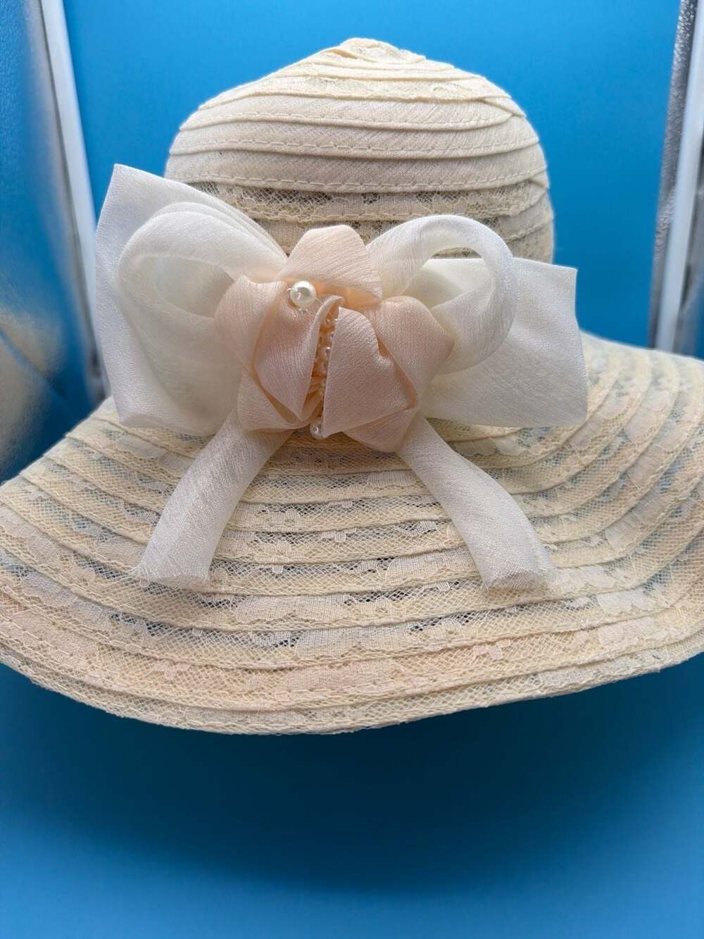 Kentucky Church Derby Wide Brim Lace Overlay Sun Hat Beige